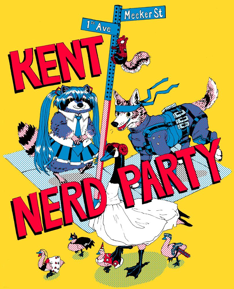 a comic-style illustration of a raccoon dressed as a japanese cyber pop artist, a coyote dressed as a video game assassin, a goose dressed as a space princess, 4 goslings in costumes as well, and a squirrel dressed as a super-hero, walking towards an event happening on meeker st and 1st ave. Text reads 