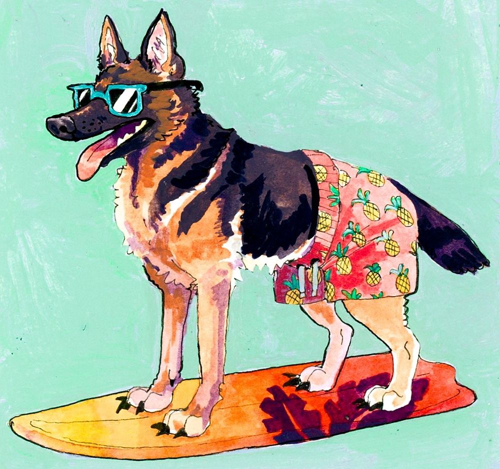 a painting of a panting german shepard in pink pineapple printed board shorts on a surfboard with a tropical sunset design. He's wearing teal sunglasses 