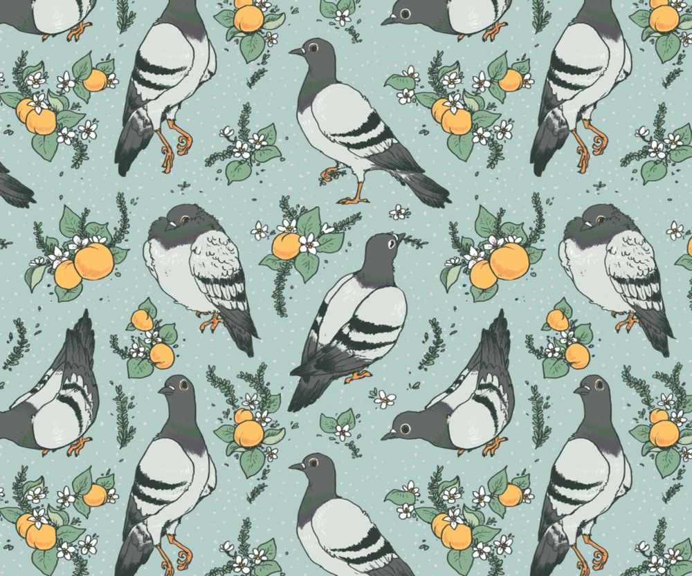 Because it's always thyme for pigeons! :)
A repeating pattern of peaceful floating pigeons interspersed with clusters of apricots, small white flowers, and sprigs of thyme. It's primarily a dusty teal color.