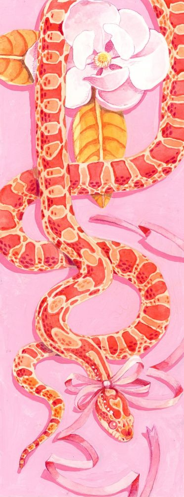 A pretty pretty princess corn snake in a special ribbon and also there's a nice magnolia flower