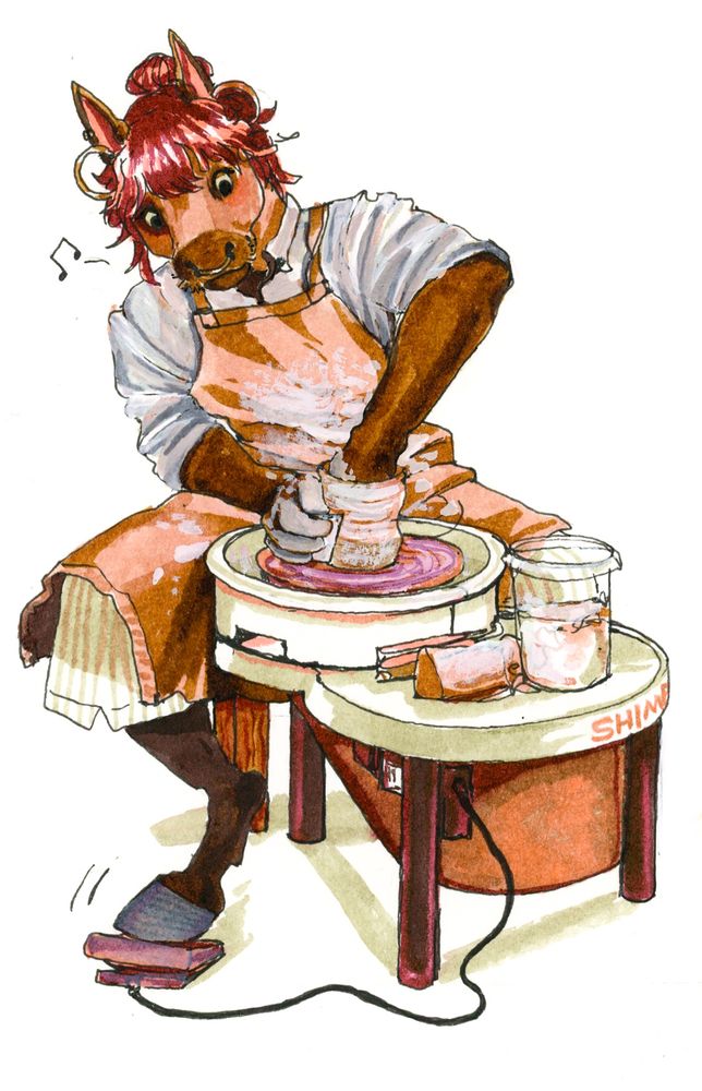 a marker illustration of a horse furry throwing clay!