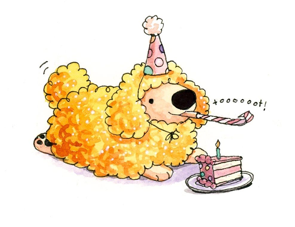 a watercolor of a poodlewool wooly poodle wearing a partyhat and blowing a noisemaker by a piece of cake
