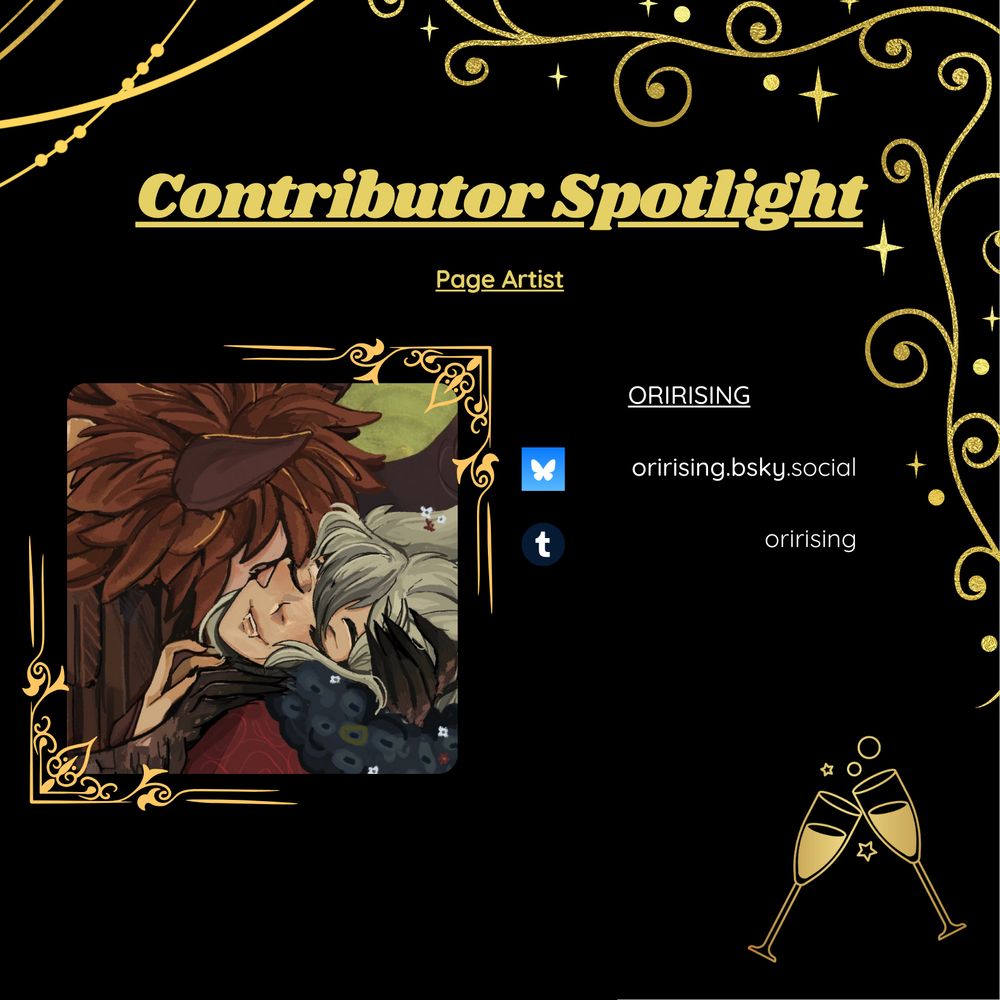 Image shows a square card with fancy gold border graphics, with the title 'contributor spotlight', and an image of the contributor to the left. This one is specifically of one of the page artists for the guild's zine project.