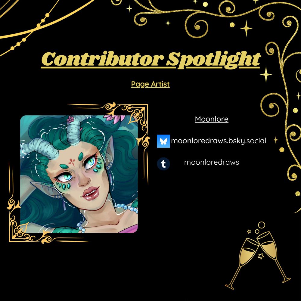 Image shows a square card with fancy gold border graphics, with the title 'contributor spotlight', and an image of the contributor to the left. This one is specifically of one of the page artists for the guild's zine project.
