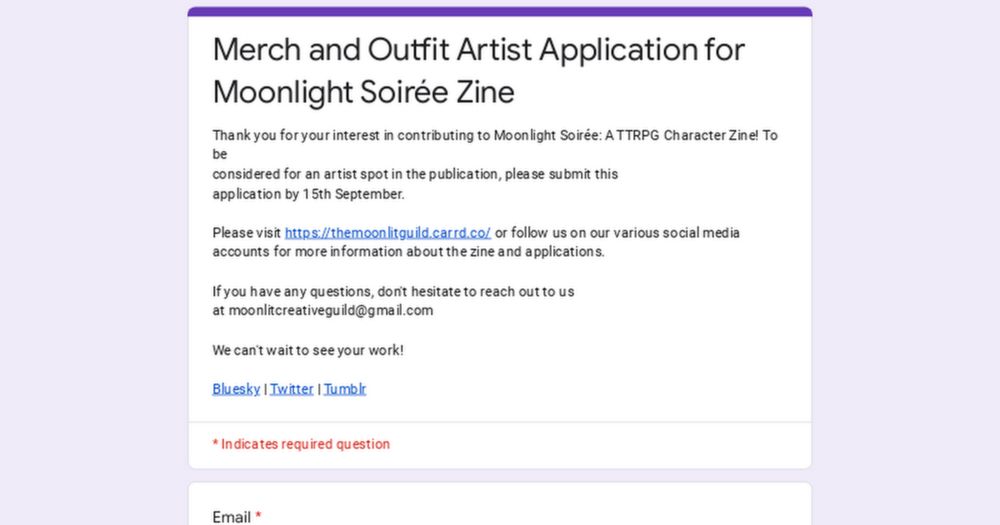 Merch and Outfit Artist Application for Moonlight Soirée Zine