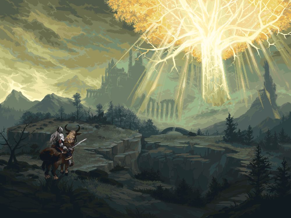 a pixel art piece showcasing a scene from Elden Ring - bright yellows for the Erdtree, greens for the sky and ground, melancholy vibe 