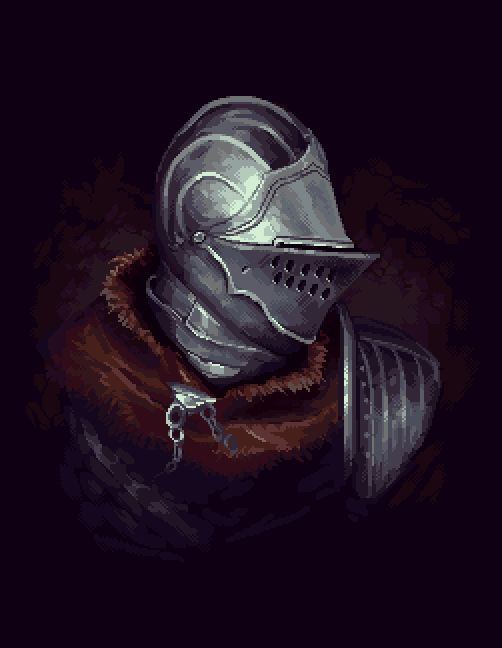 Pixel art portrait done in a realistic / romanticism-esque style of the Elite Knight armor from video game Dark Souls
