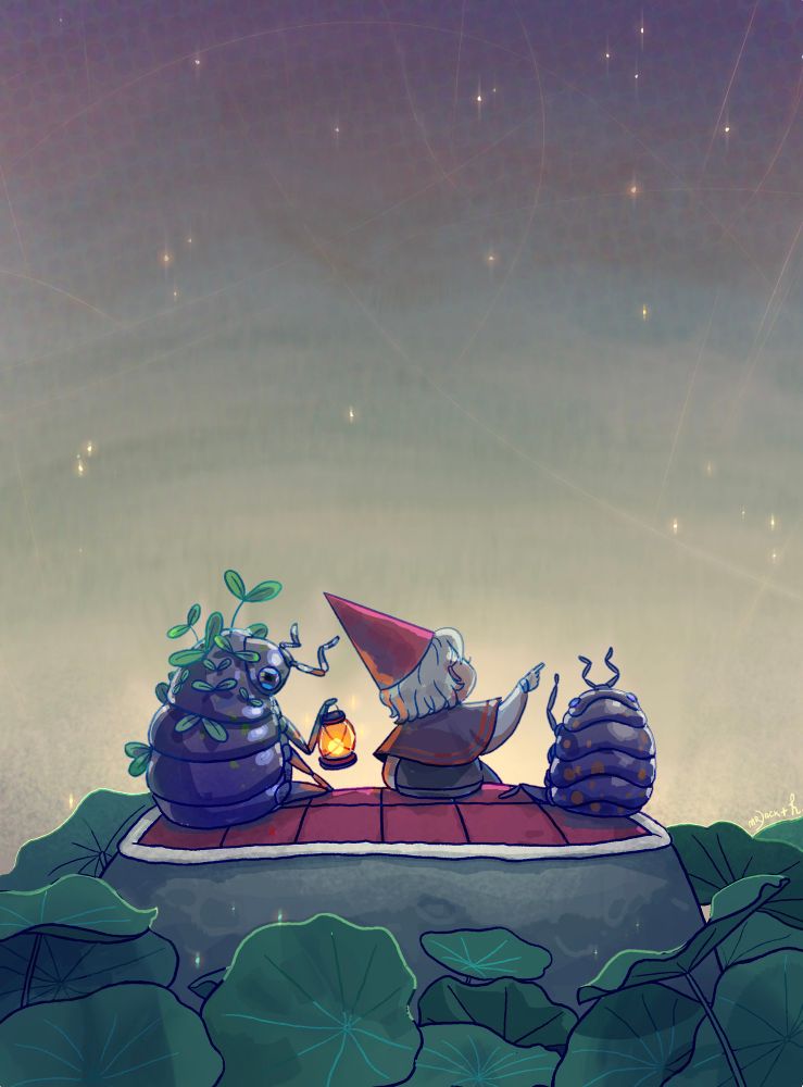 an illustration of a young masc human with white hair, a pointy hat and cloak sitting in between two isopod type insects all with their backs to the viewer sitting on a quilted blanket on a rock surrounded by nasturtium leaves. The isopod on the left is larger than the other, is holding a lantern and is covered in little green leafy sprouts. The smaller on the right and the human are both pointing and looking up at the soft starry sky.