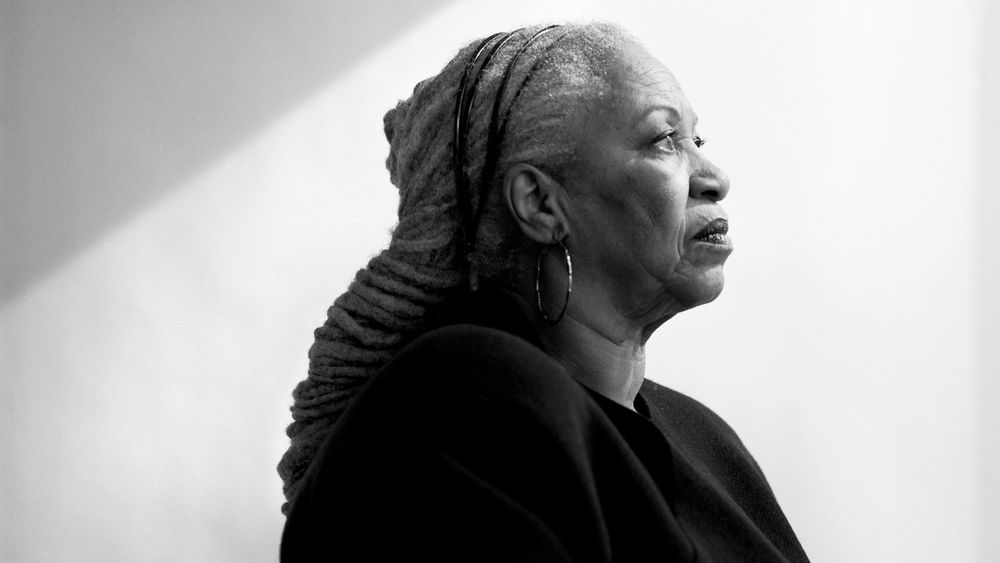 Profile portrait of Toni Morrison in black and white. (Damon Winter/The New York Times)