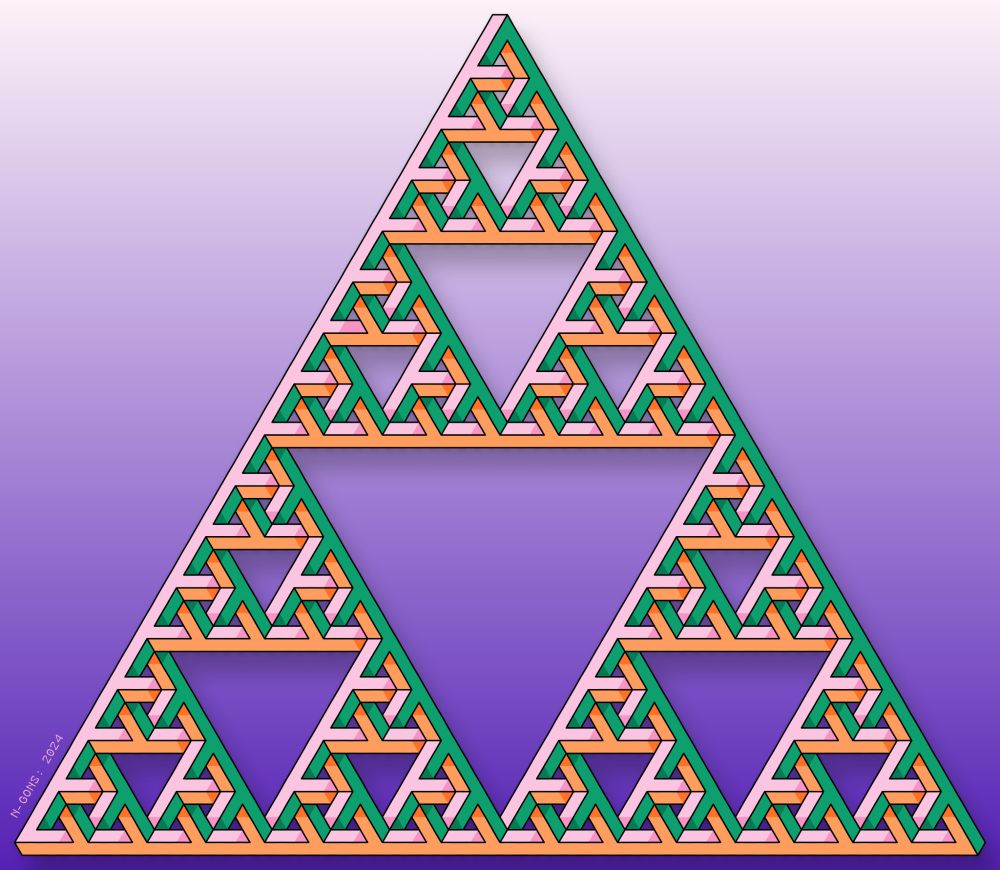 Abstract mathematical art. Triangle shape with holes, made from Green, Pink, & Orange bars, Hovering over a purple gradient.