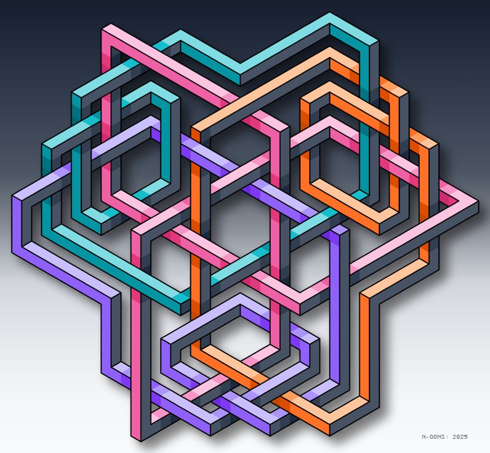 Abstract Mathematical Art. Tangled impossible isometric paths in pink, purple, orange, and teal, over gradient background.