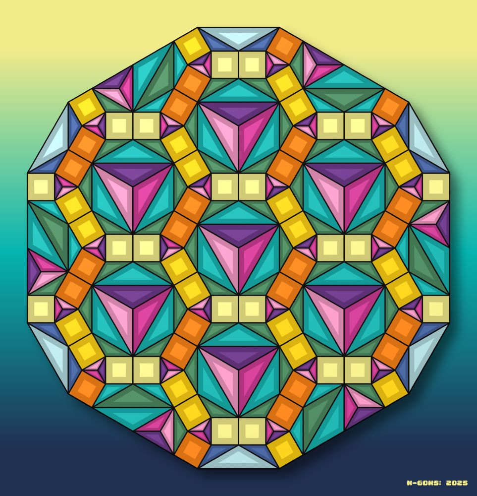 Abstract mathematical art. Colourful tiling of squares and triangles forming a hexagon lattice.