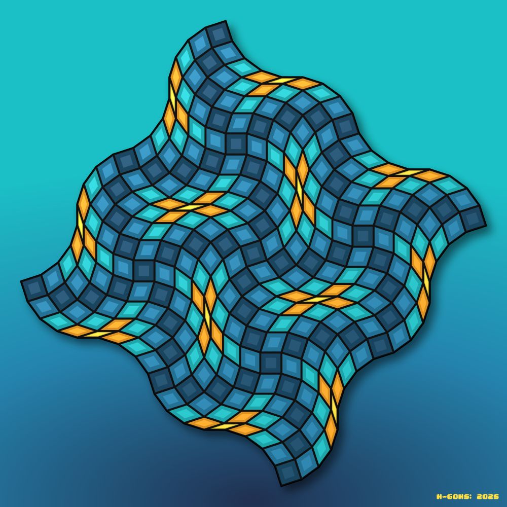 Abstract mathematical art. yellow/blue grid of rhombuses over oceanic gradient.