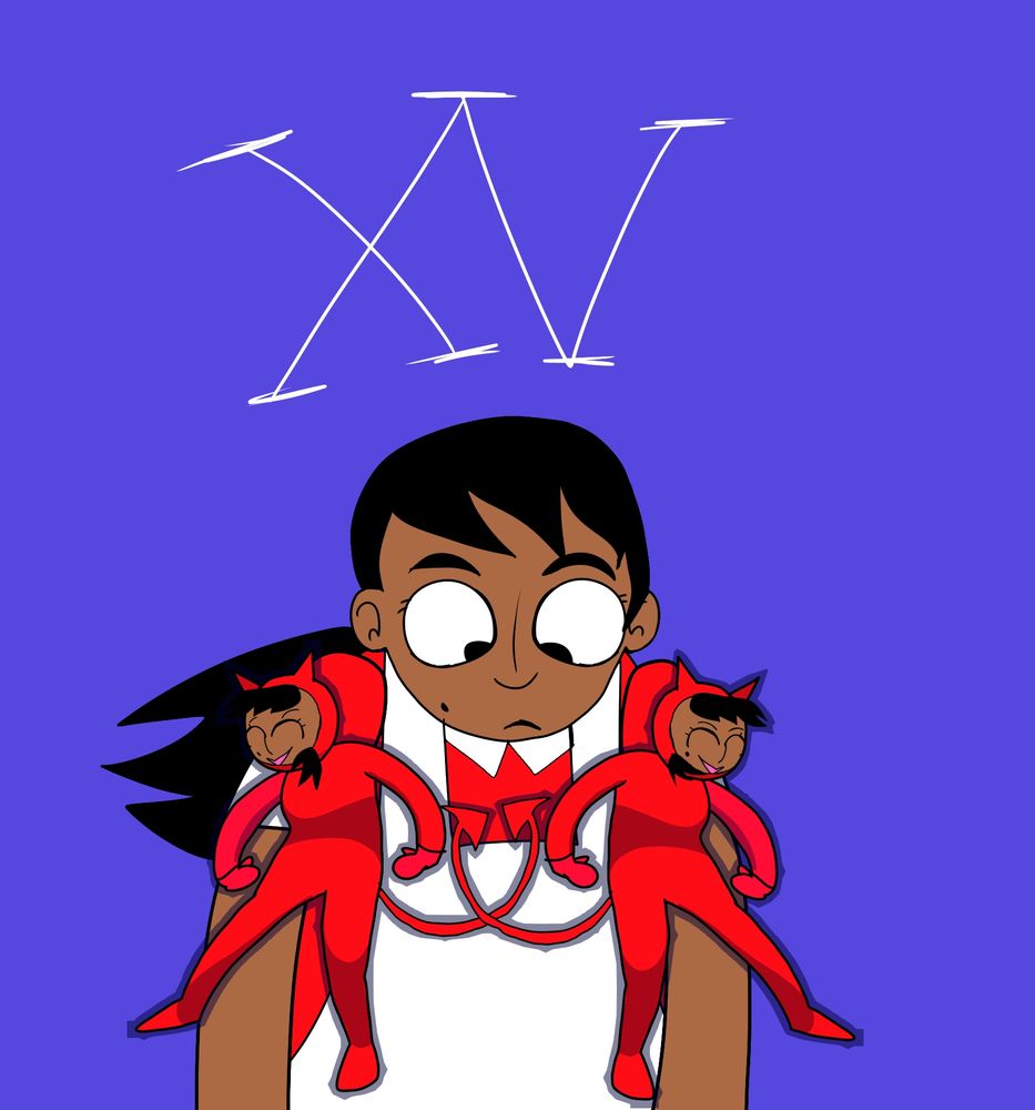 Lali above two Lalis in a devil costume 