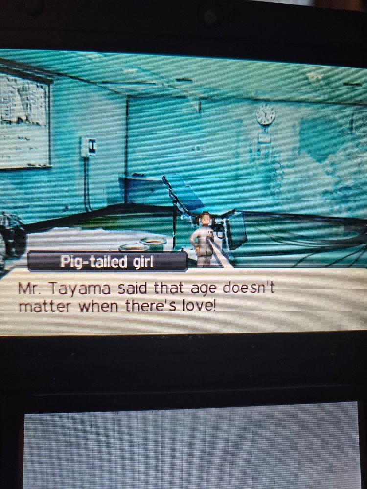 Shin Megami Tensei IV

Pig-tailed girl: "Mr. Tayama said that age doesn't matter when there's love!"

[Editor's note: Eww. That's a child]