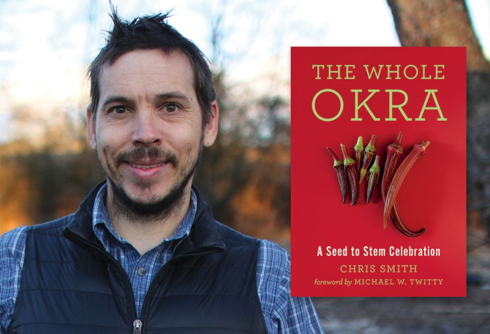 Chris Smith with an image of his book, "The Whole Okra: A Seed to Stem Celebration"