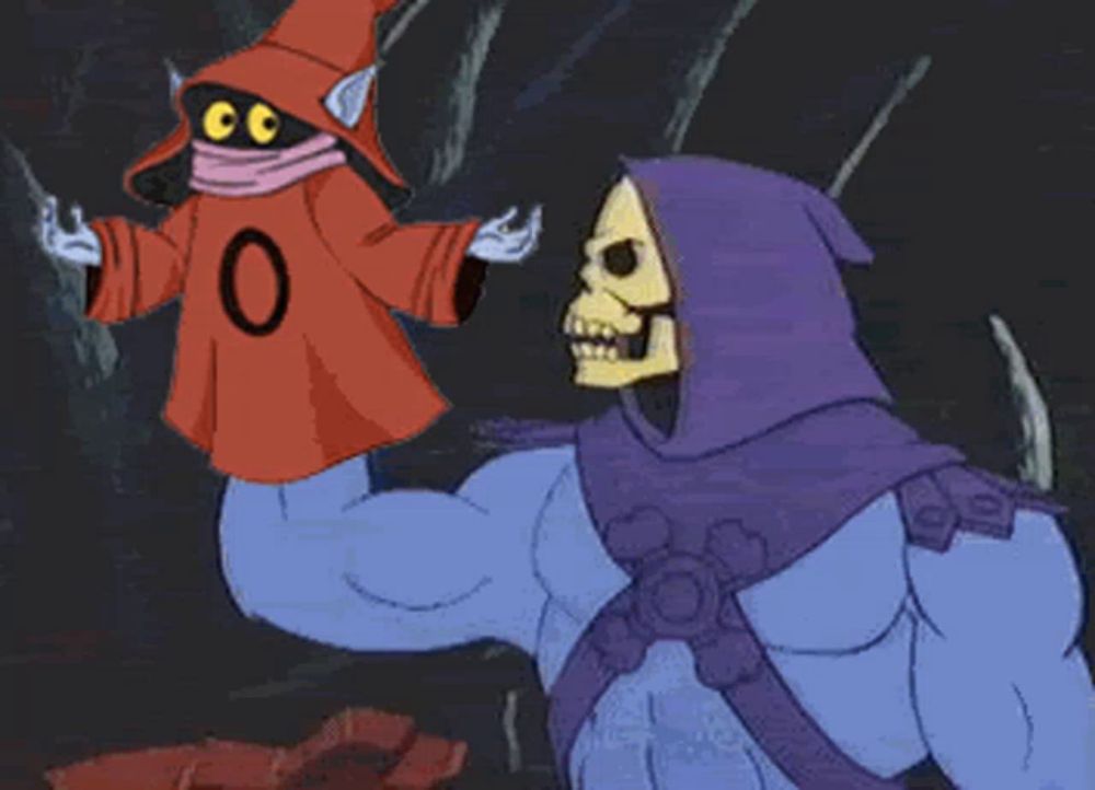 a cartoon of a skeletor standing next to a wizard .