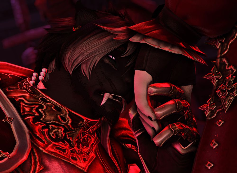 gpose, closeup of agrias's face, pained expression, holding arson's hand to his forehead