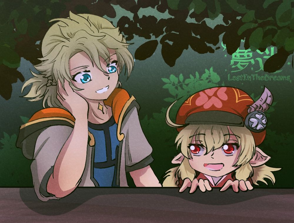 Albedo and Klee wearing more casual clothing then their own as they sit at a table in the woods

