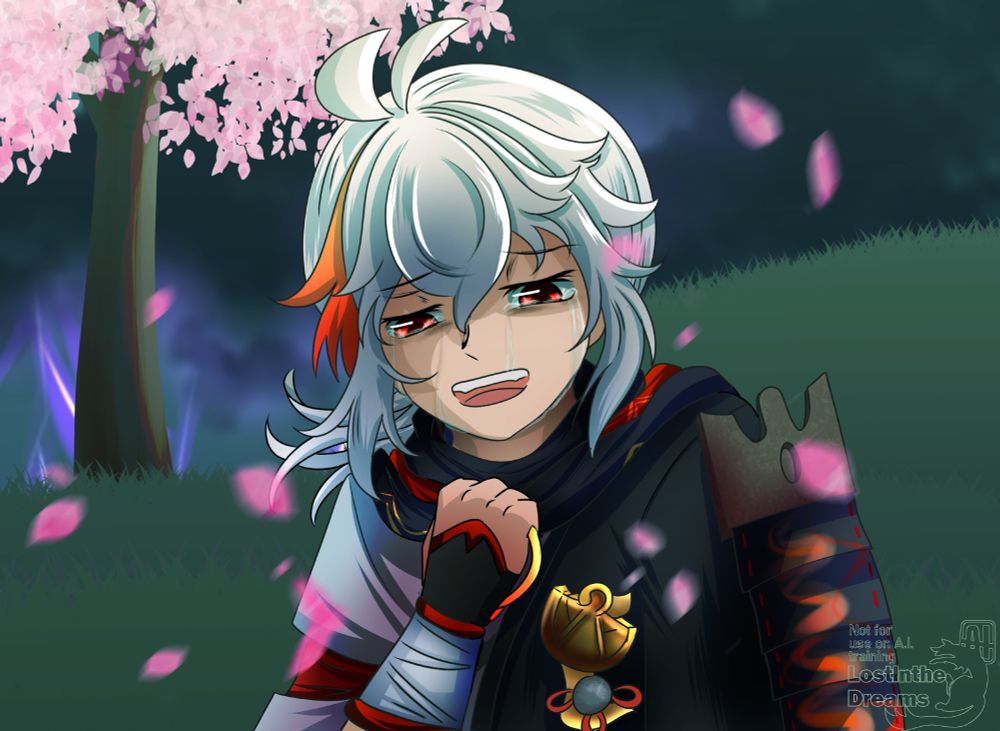 Kazuha in Inazuma holding onto his friend's vision while he flees the lightning behind him, starting to feel the heartbreak of losing a friend as he cries. Sakura petals are falling around him