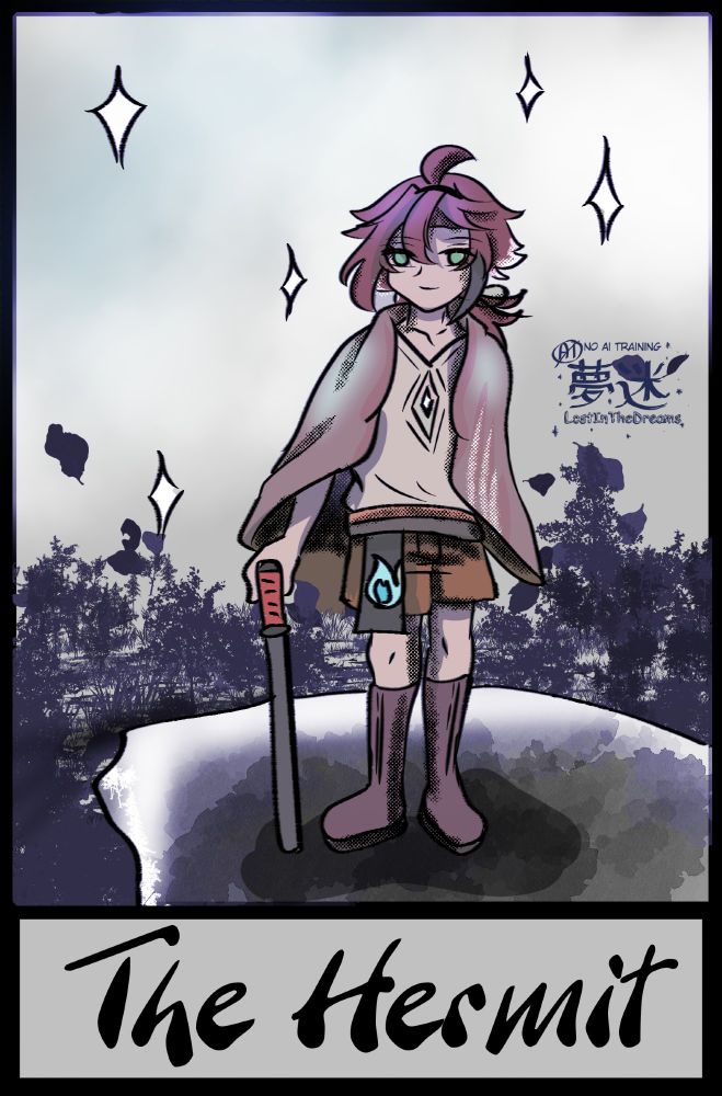 Heizou representing the Hermit card. His jitte is taking the place of a staff while he stands on a cliffside. There are five starts in the sky, the sixth being the one where his shirt opens. His 'vision' doubles as the lantern for the card. The hermit represents knowledge and self-reflection an dI believe suits Heizou very well