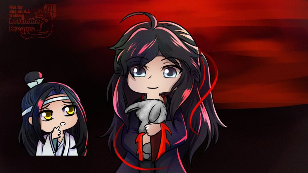 Wei Ying holding a rabbit while Lan Wanji stands in the background, unable to reach him yet