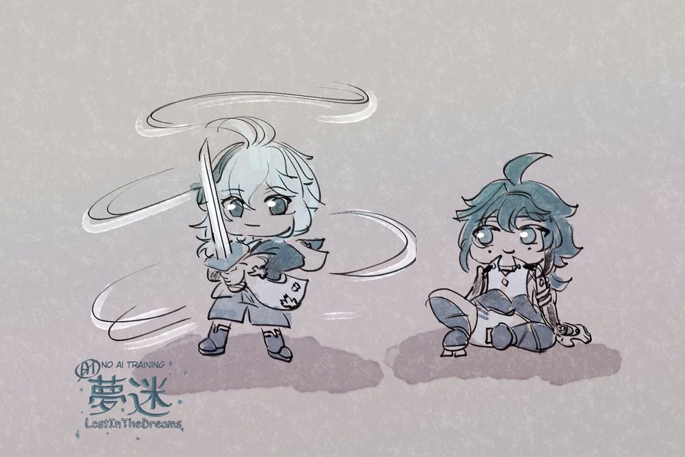 Kazuha holding his sword while the wind swirls around him. Heizou sits in the background with his hands behind him, relaxing. Both are looking at one another and smiling.
