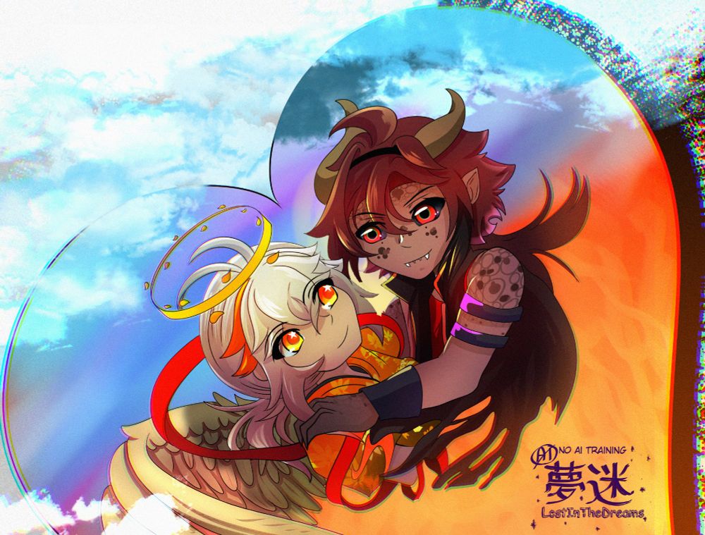 Demon Heizou holding Angel Kazuha in a fiery heart/blue sky