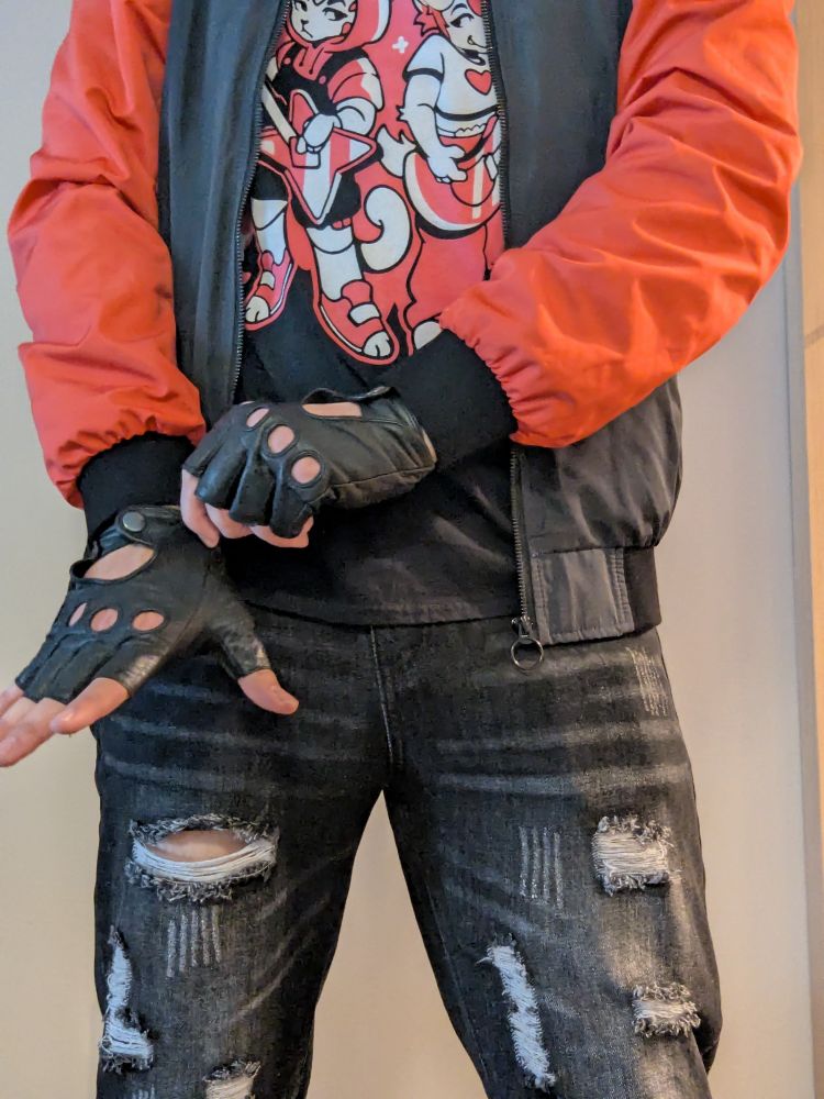 Friday's BFC outfit: Your Standard Bully

Leather fingerless gloves
Torn black denim pants
'Terrible 2's' Band Shirt by Spacefluuf
Blood orange letterman shirt