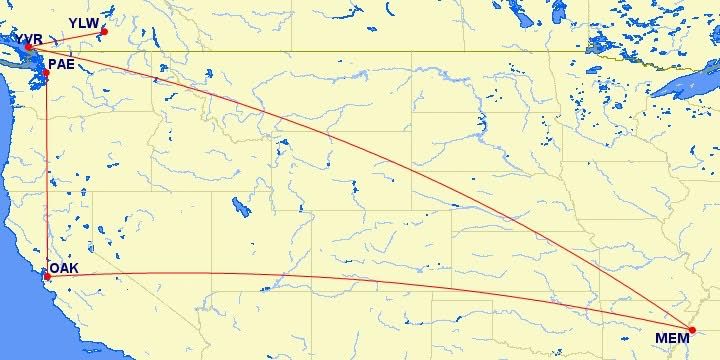 A map shows the flight routes travelled by a package. Originating at PAE (Everett Washington USA), the package travels to OAK (Oakland California USA), MEM (Memphis Tennessee USA), and YVR (Vancouver BC Canada) before ending in YLW (Kelowna BC Canada).