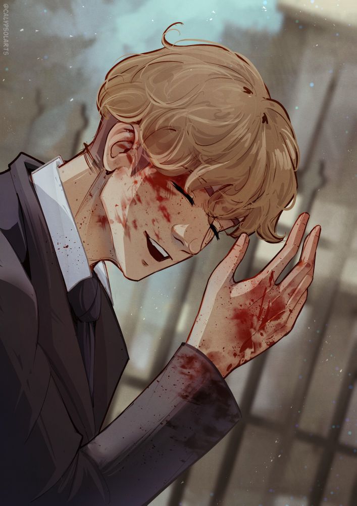 A digital drawing of my OC Elio laughing, he's wearing a suit and his hand and face is splashed with blood. There's a vague city background.