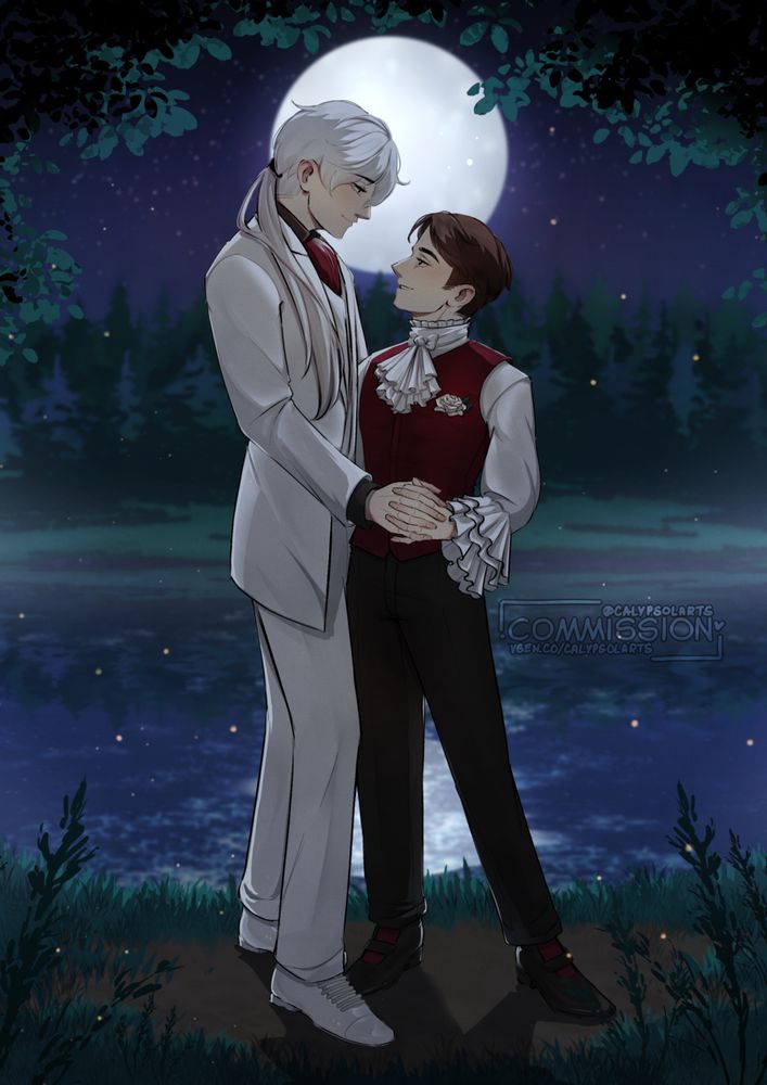 Digital illustration of Zen from Mystic Messenger and my friend Ame dancing in the moonlight with a lake view behind them while wearing elegant outfits.