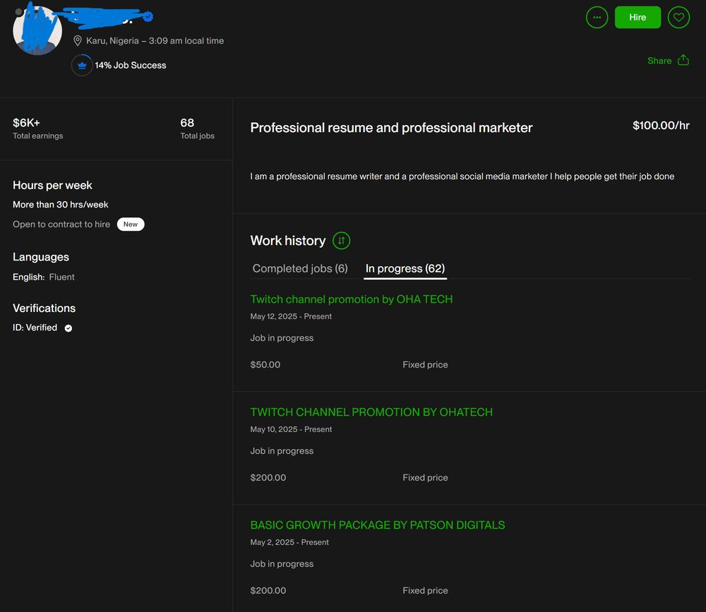 The Upwork profile the thread author received from Patson. It shows $6k+ total earnings with 68 jobs and is ID verified. The in progress jobs shown in the picture are for $50, $200, and another $200. The first two show the name "OHA TECH" while the third shows "PATSON DIGITALS".