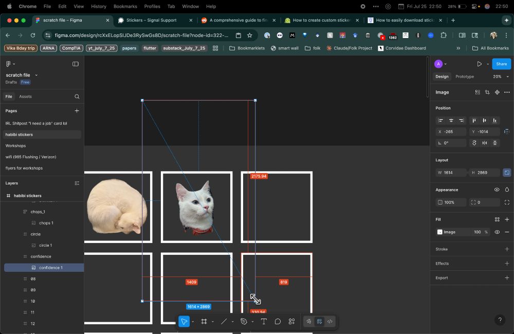 Figma with a bunch of pictures of a white cat in white boxes, selected is a sticker called "confidence" with an photo of a close up of a cat looking proud wearing an orange collar