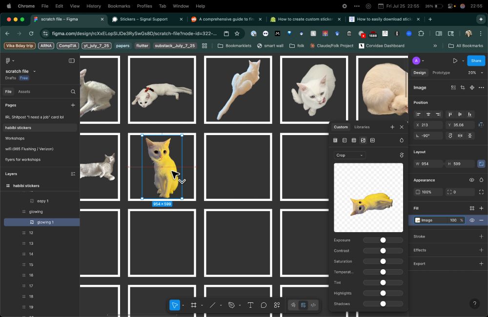 Figma with a bunch of pictures of a white cat in white boxes, selected is a sticker called "glowing" with an photo of an illuminated yellowish tinted white cat