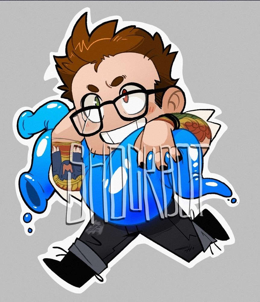 small cartoon newton geiszler grinning and running while holding a large blue kaiju organ nearly the size of him, left eye is red from drift damage. annoying watermark reading 'shockbot' over image