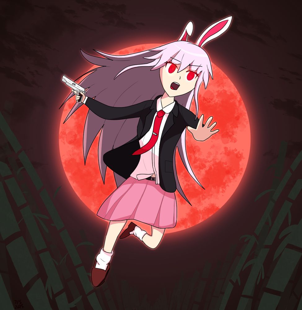 Reisen Udongein Inaba from Touhou: Imperishable Night. She is jumping in a bamboo forest lit by the red moon while wielding a Silverballer