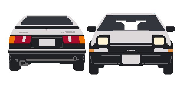 The front and back of an AE 86 with the headlights up in the front