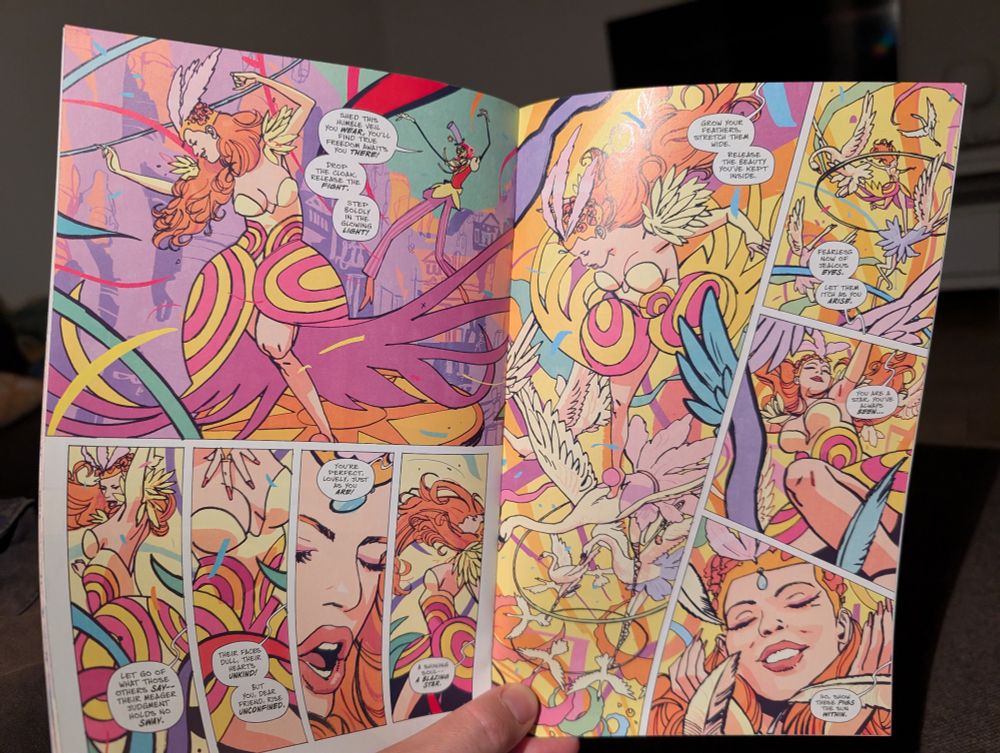 A colourful double page from a comic book picturing a woman in a fancy dress dancing with swans 