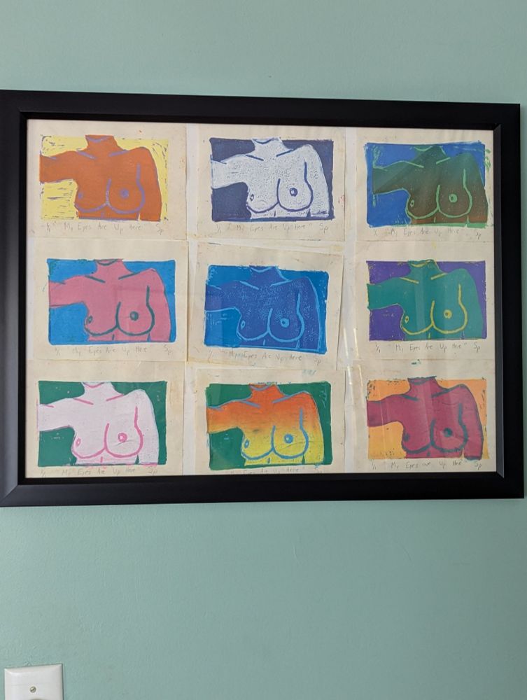 A repeating series of 9 prints, in 3 rows of 3, each depicting a woman's naked torso. Each has the same image but they were all printed with different colors of ink.