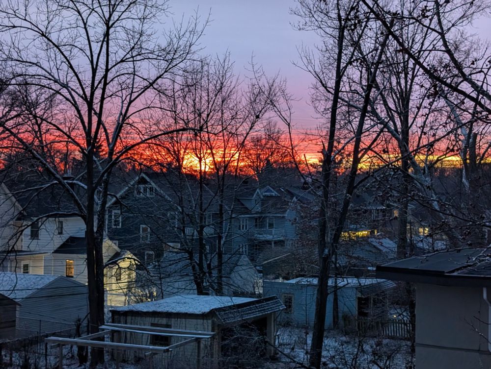 A sunset looking like a sky on fire. The image is blue at the top then becomes pale pink and then finally a brilliant orange at the horizon above the houses. In the foreground are trees and houses shaded by the sunset. There is a dusting of new snow on the ground.