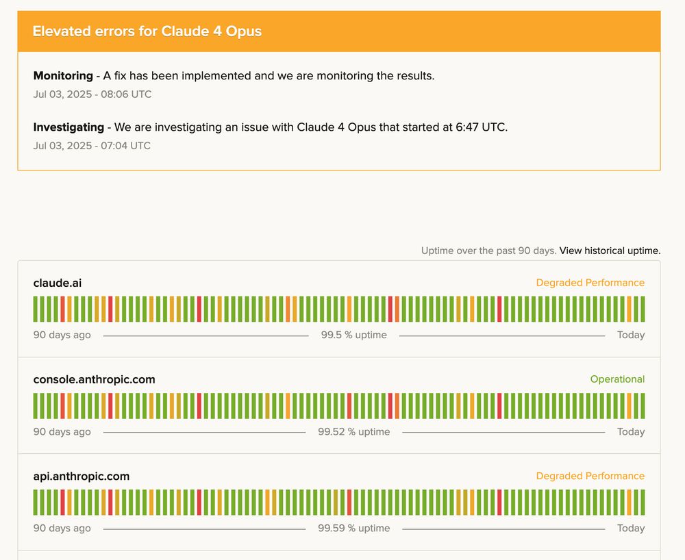 Screenshot of https://status.anthropic.com/ showing degraded performance and errors for Claude 4 Opus