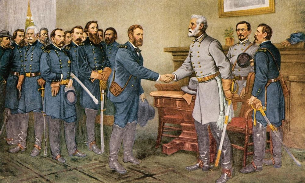 General Lee surrendering to General Grant at Appomattox Courthouse on April 9, 1865.