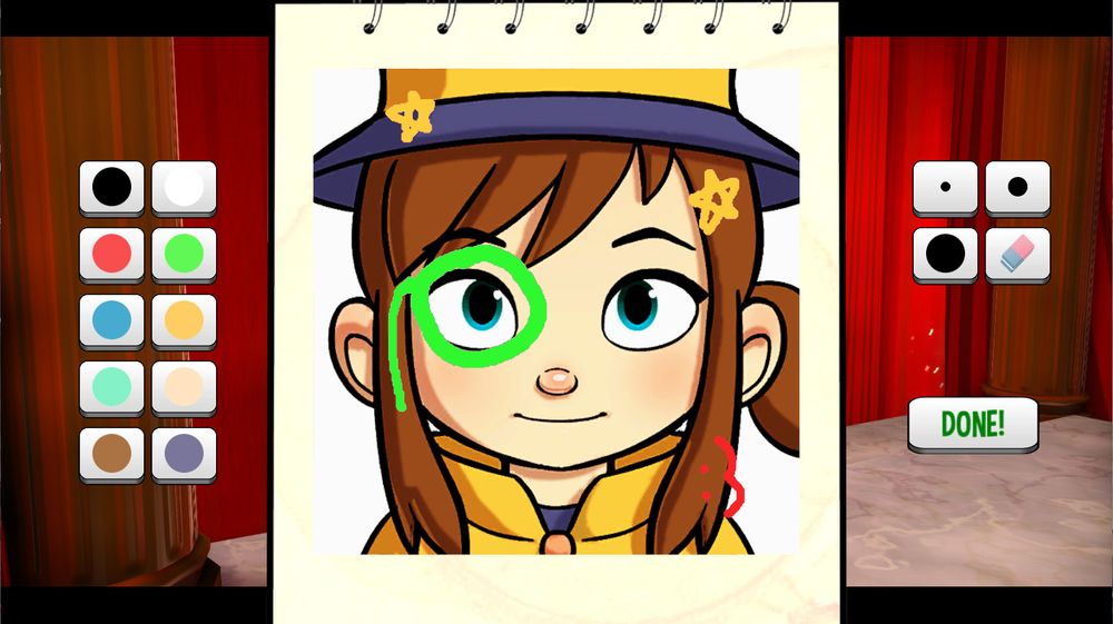 A picture of Hat Kid on a notebook. On the right and left of the notebook are editing tool options; on the right are 3 sizing options for a drawing tool as well as an eraser. On the left are color options: black, white, red, green, blue, orange, teal, peach, brown, and grey.

Hat Kid is a green-eyed, brown-haired girl with a fair complexion. She has a slight smile. Her hair is fashioned into a ponytail, and she's wearing a blue top hat with a yellow brim. She has a yellow cape and blue cloak. A green monocle is drawn over her right eye. On the upper portion of the picture are 2 yellow stars, one near the top left and the other near the top right. On the bottom right is a red :3 face.

In the background, behind the picture, are red drapes. 