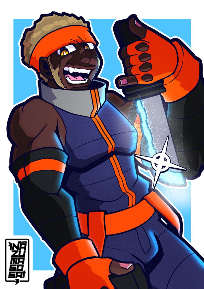 A black man with golden hair, brandishing dual knives emitting a surprisingly cold energy. 