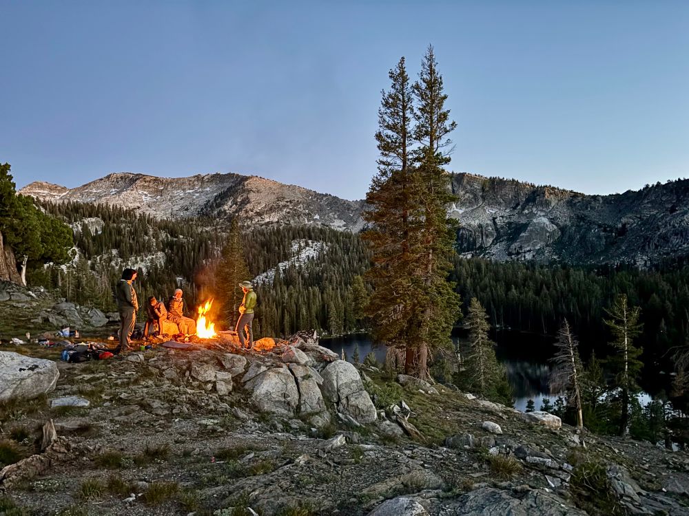 Sunset campfire at Ten Lakes Basin in Yosemite National Park