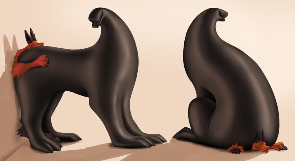 Two pictures of a huge, ultra simplistic, eyeless, quadrupedal beast sitting on an fluffy red dragon fellow with a silly smile. The first image shows it smooshing them against the wall with their butt and the second image is them fully sitting on them. In both images, the sat-on fellow is smiling blissfully