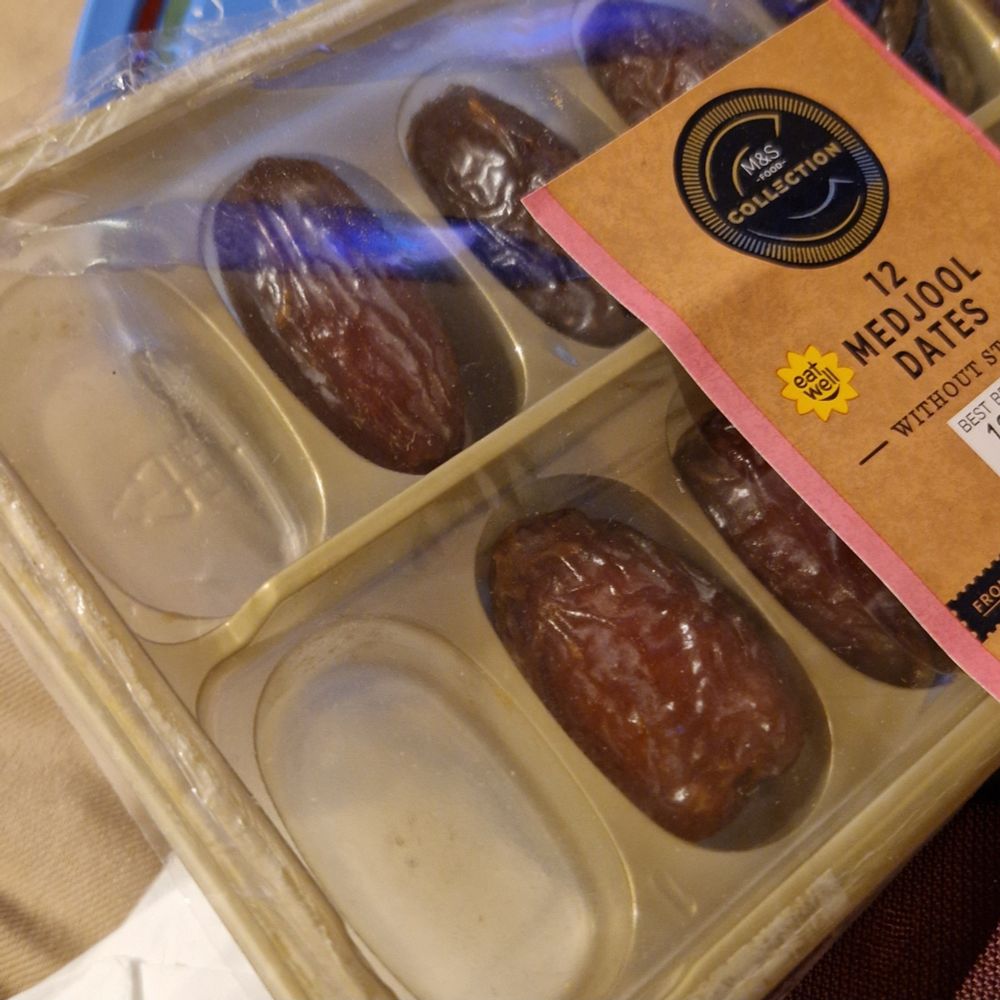 A pack of Medjool dates with the first two missing from the packet