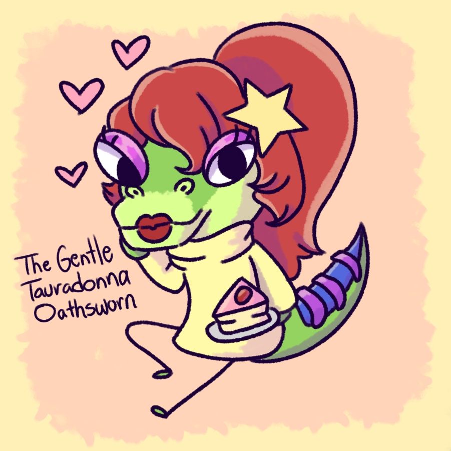 The Gentle Tauradonna Oathsworn mini holding a slice of cake 