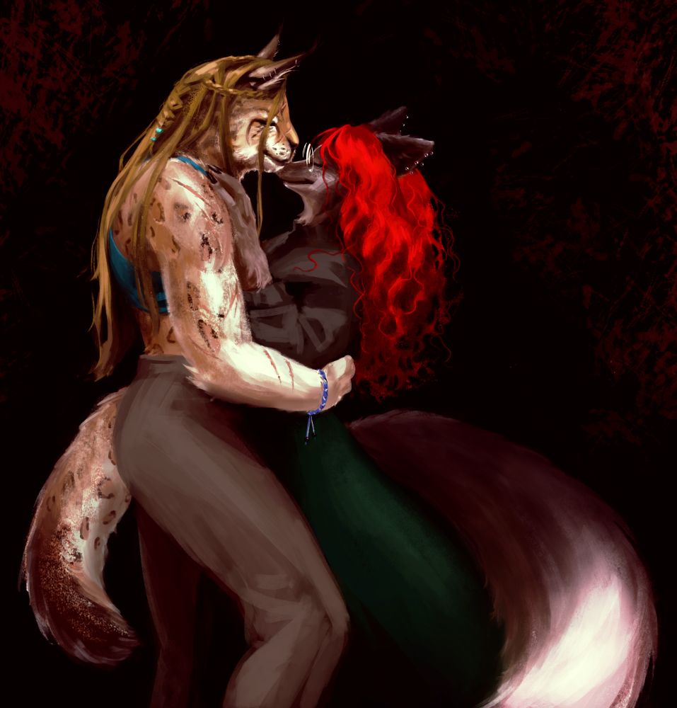 Digital painting of two furry women over a dark background, nuzzling into a happy embrace. The taller one is a blond athletic lynx, while the shorter one is a nerdy thin grey fox with bright curly red hair.